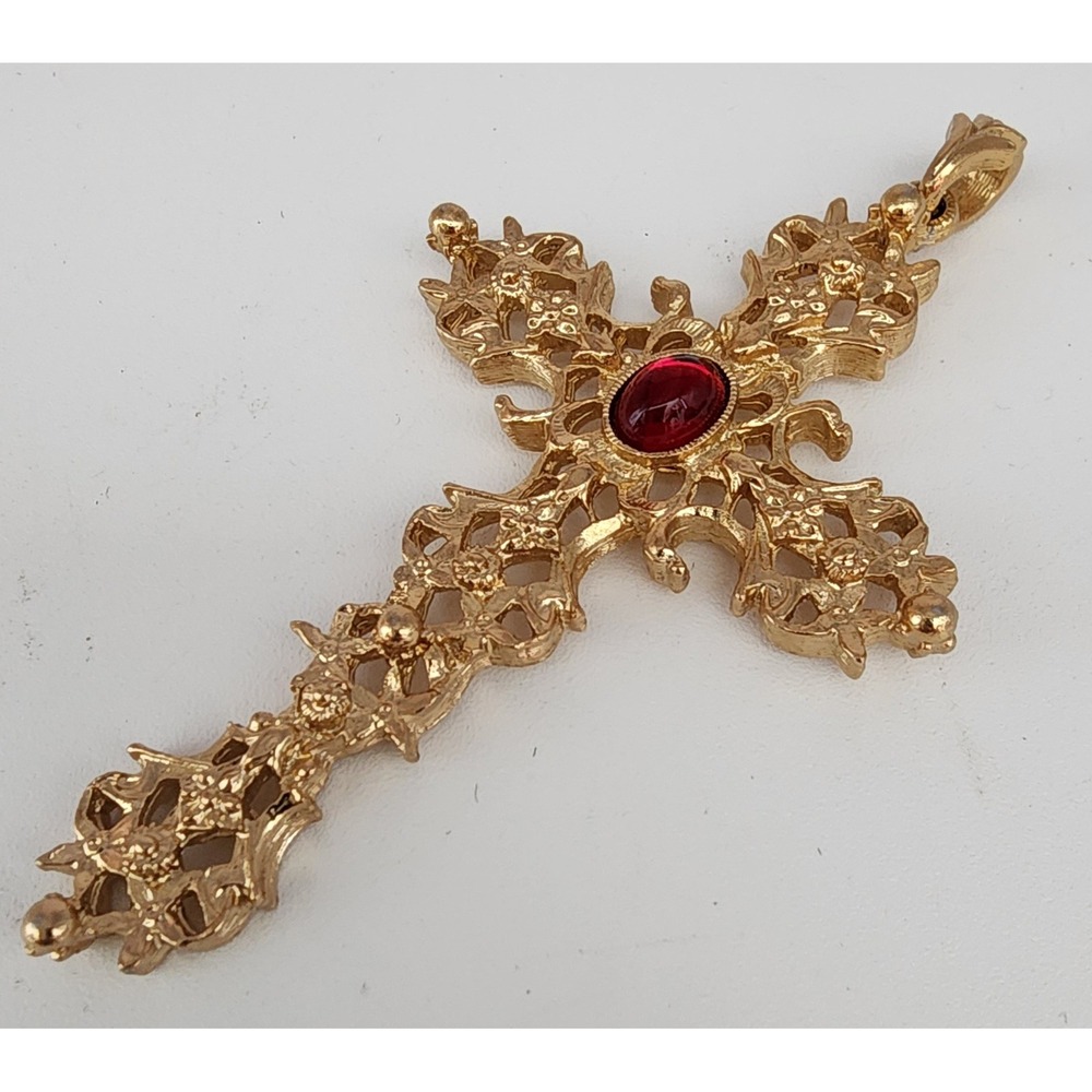 1970s Avon Signed Red Cabochon Cross Pendant Large 2 3/4" Gothic Vintage - Picture 2 of 10